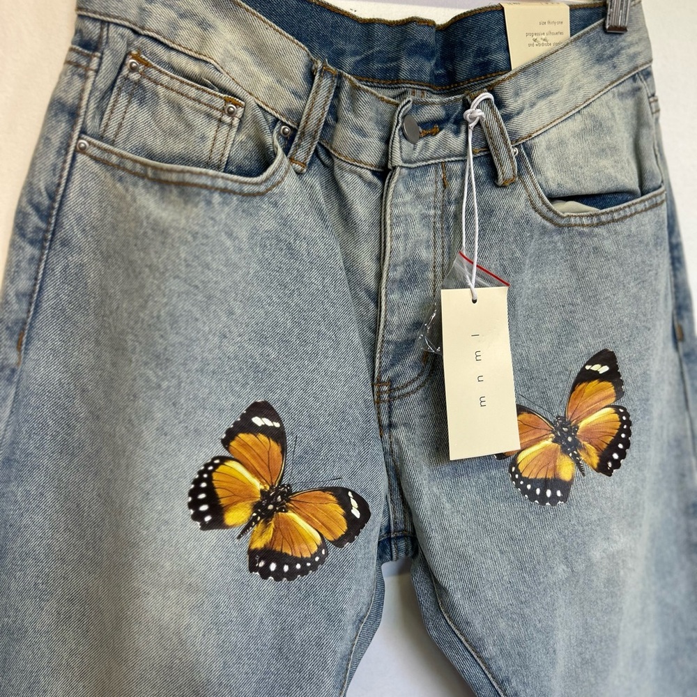 Men's Light Blue Butterfly Print Boyfriend Jeans